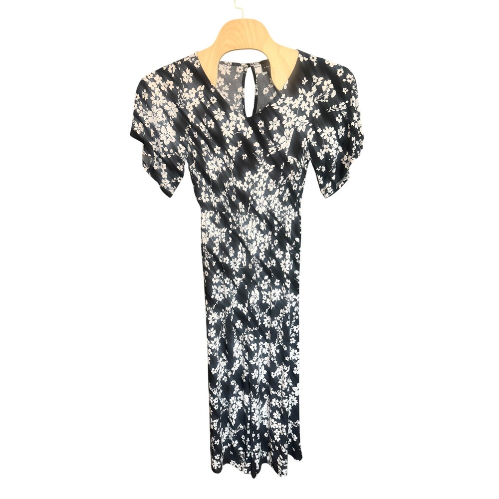 Lane Bryant Floral Jumpsuit 10/12 Black White V-Neck Flutter Sleeve Pockets